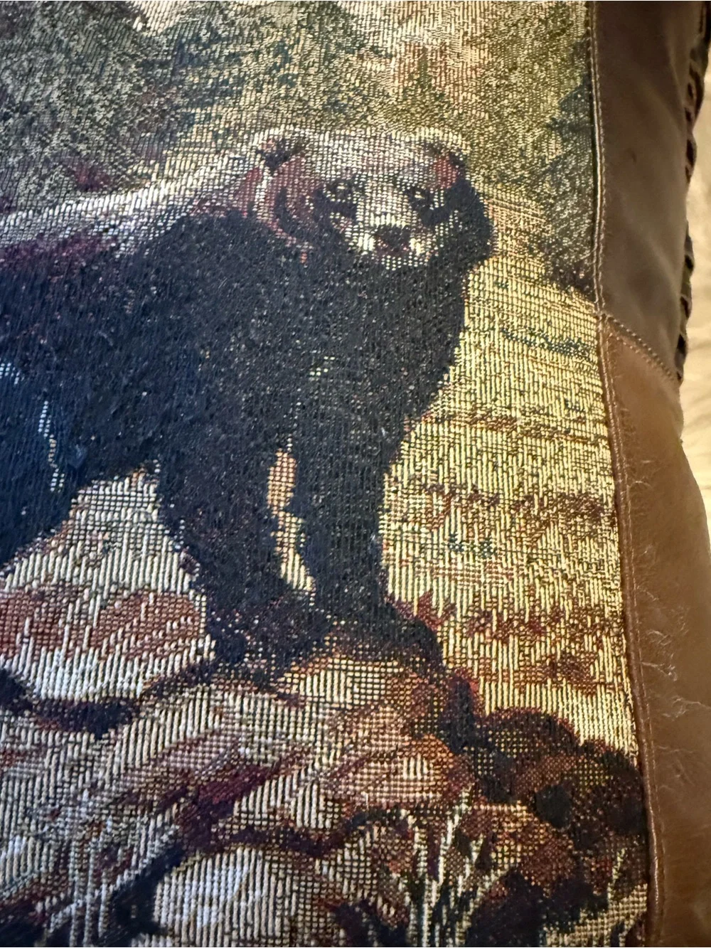 Bear Pillow Leather & Tapestry Throw Pillow Cabin, Mountain, Western Decor 17x17
